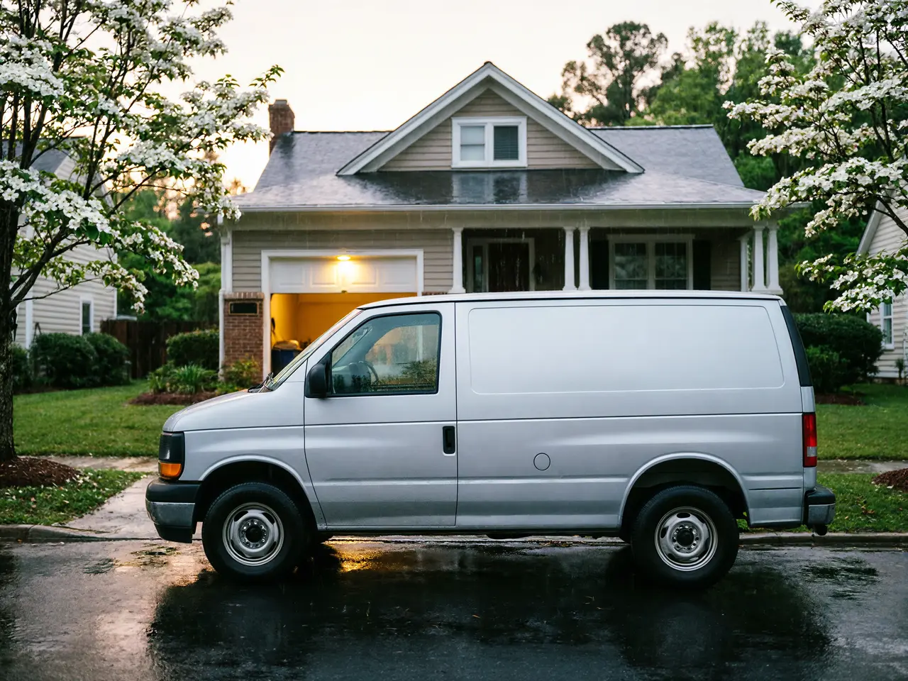 A silver van is parked on a wet street in front of a house with an open garage.
